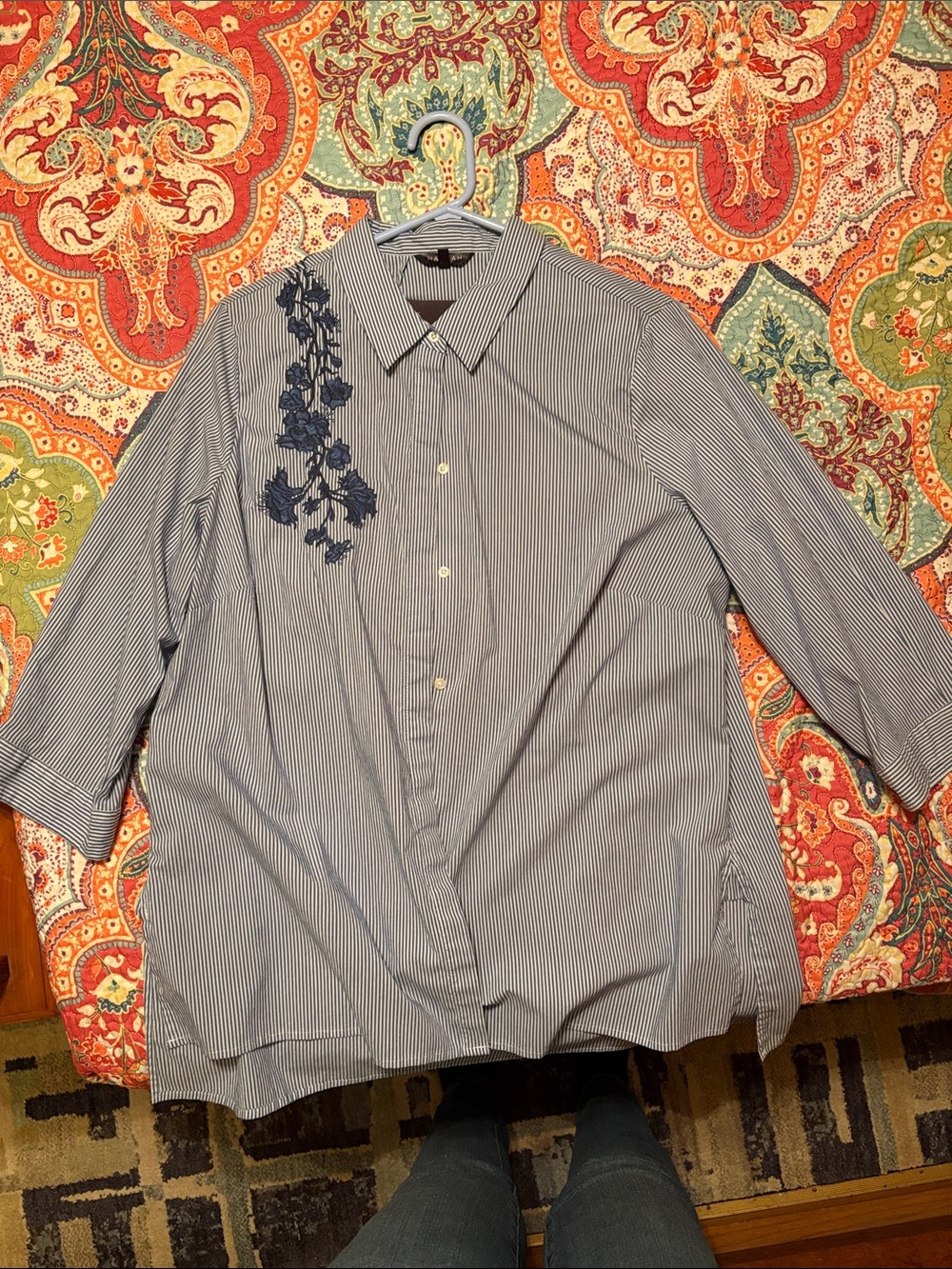 Hannah Blue and White Striped Blouse with Navy Floral Embroidery